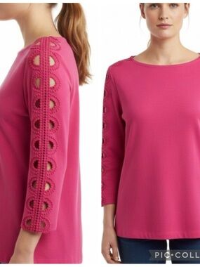 Talbots Top Pink Embroidered Crochet Cutout Sleeve Knit S Casual Chic